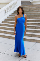 Graceful Elegance One Shoulder Satin Maxi Dress Cobalt