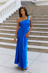 Graceful Elegance One Shoulder Satin Maxi Dress Cobalt