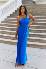 Graceful Elegance One Shoulder Satin Maxi Dress Cobalt