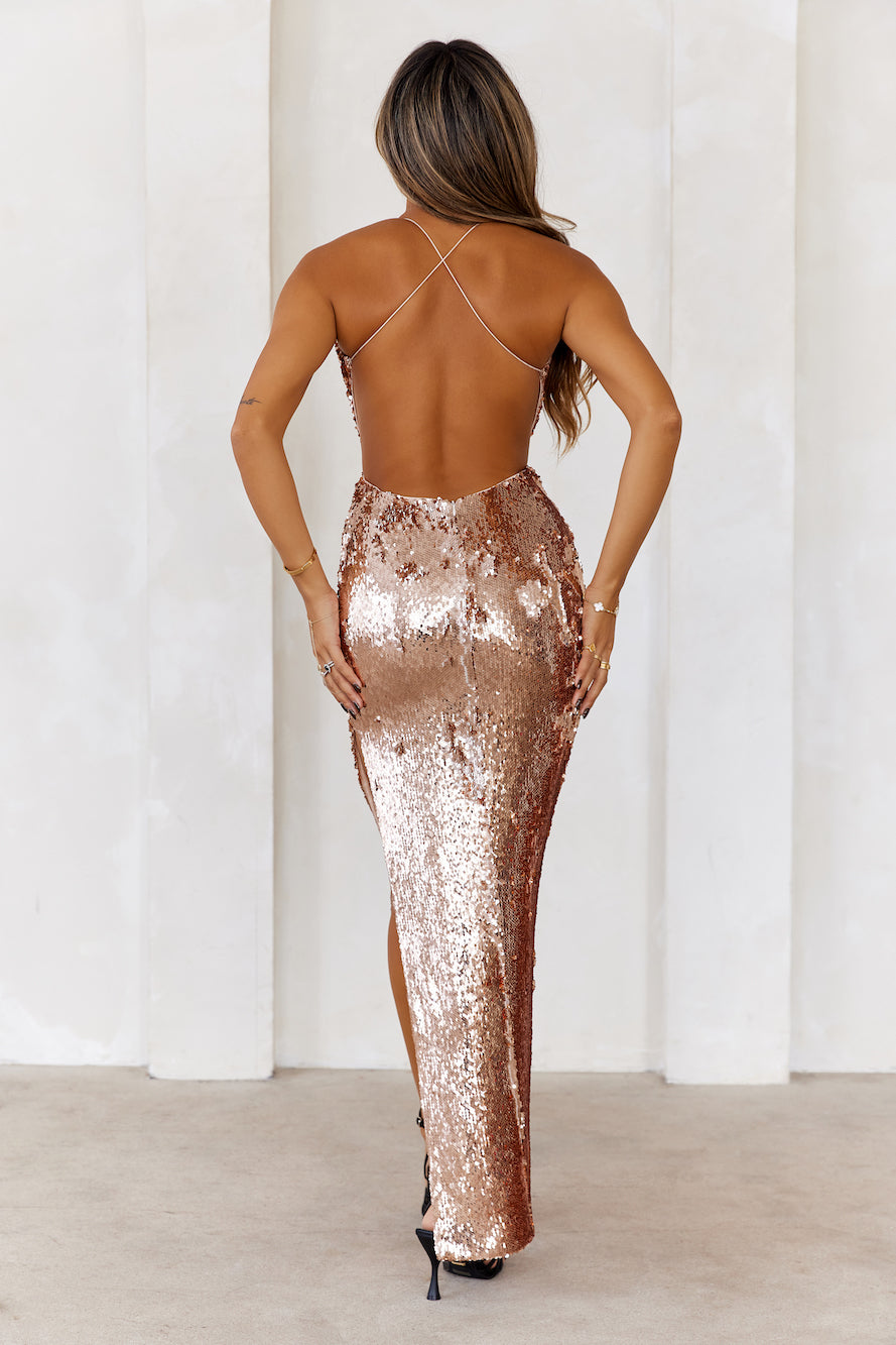 DEAR EMILIA Sequin Fantasy Maxi Dress Rose Gold