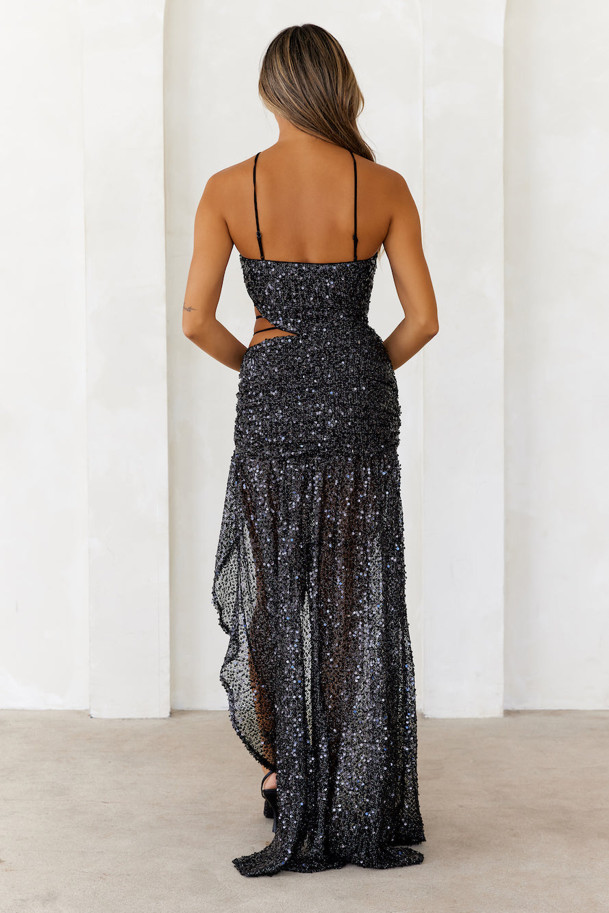 DEAR EMILIA Bedazzled Beauty Sequin Maxi Dress Black