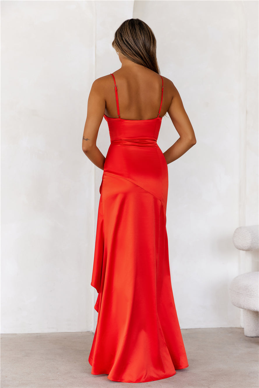 DEAR EMILIA Dreaming Of Tonight Satin Maxi Dress Red