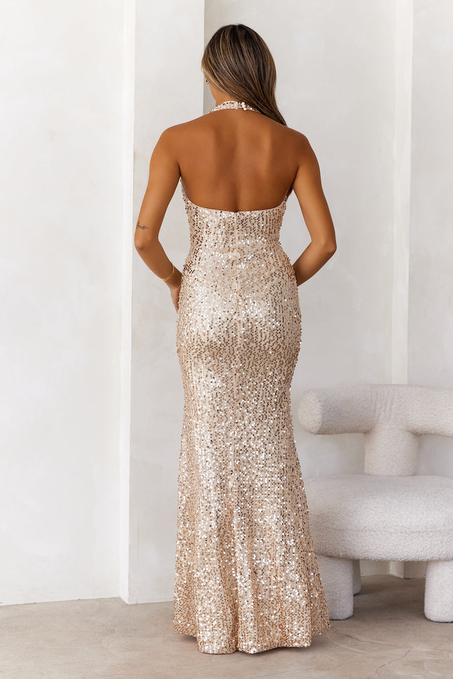 DEAR EMILIA Our Eyes Linked Sequin Maxi Dress Gold