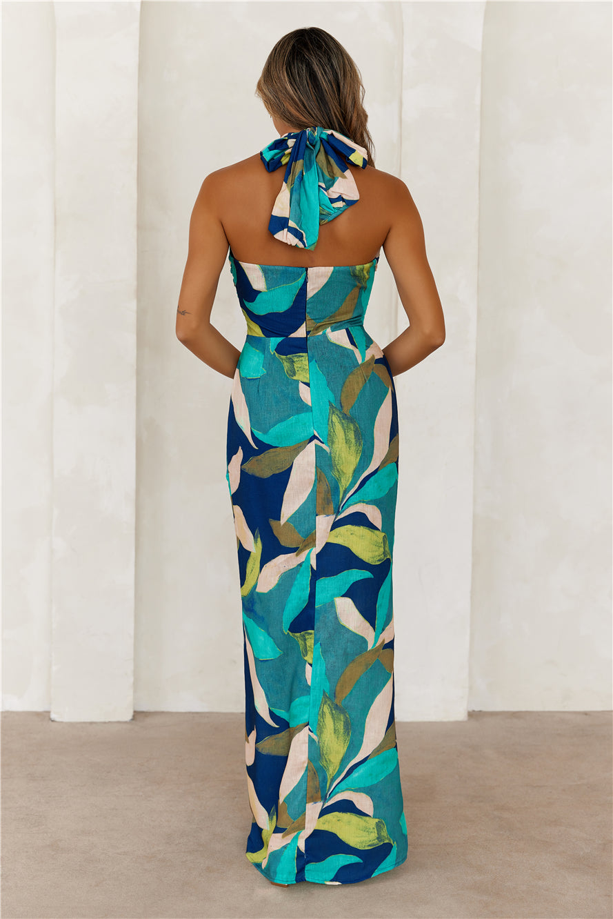 Flower Crown Halter Maxi Dress Navy