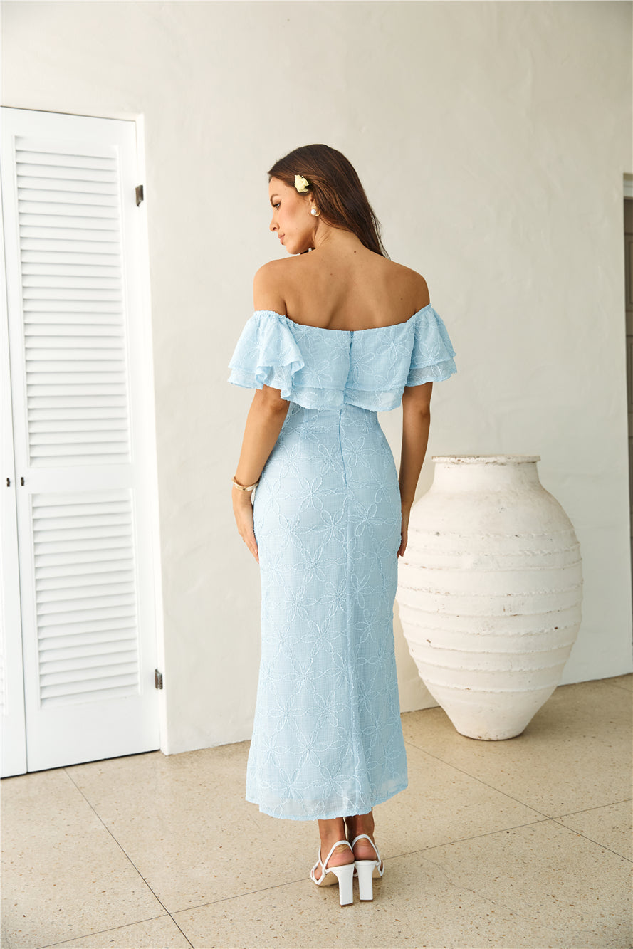 Moment Of Dance Off Shoulder Maxi Dress Blue