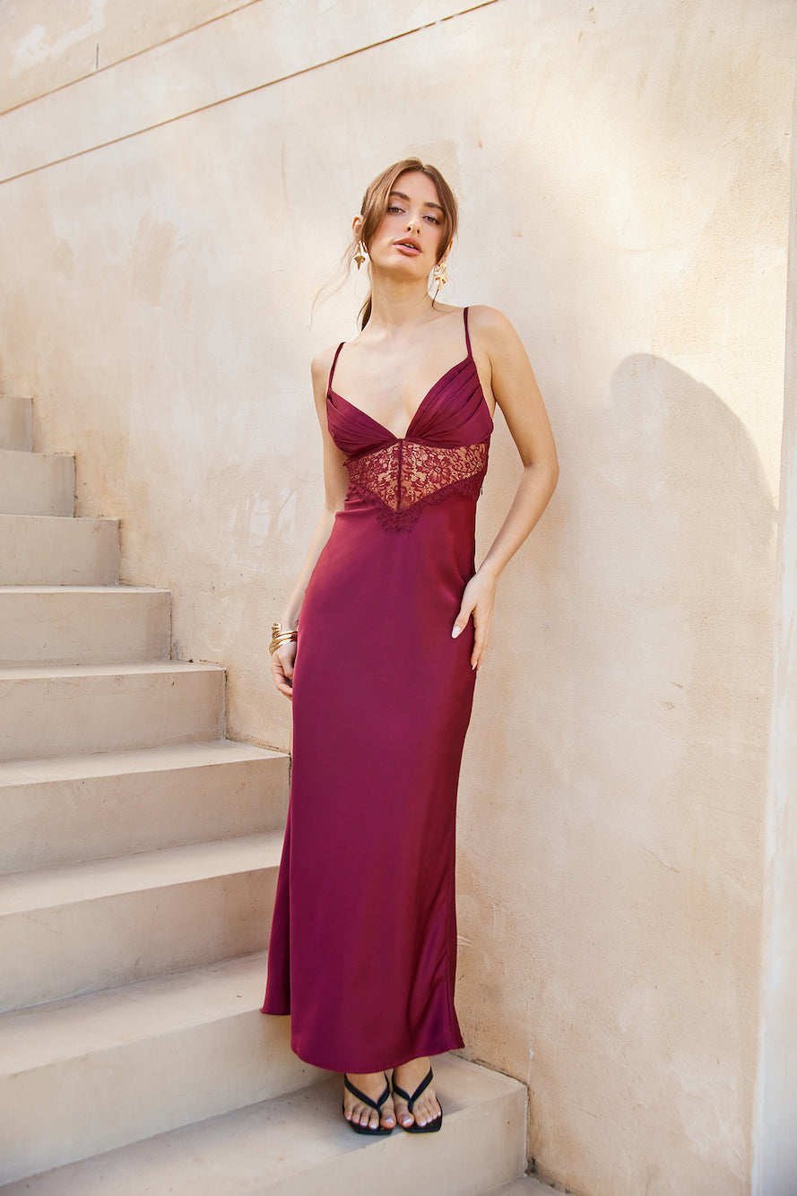 Lovers Engagement Silk Maxi Dress Burgundy