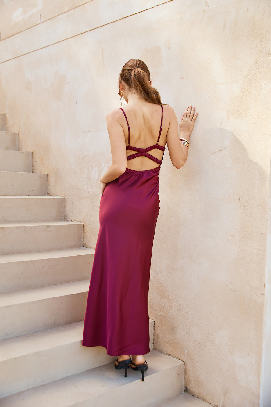 Lovers Engagement Silk Maxi Dress Burgundy