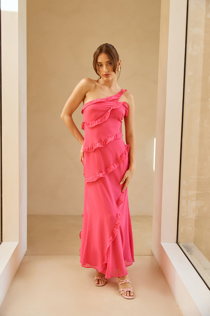 Evening Rose One Shoulder Maxi Dress Pink