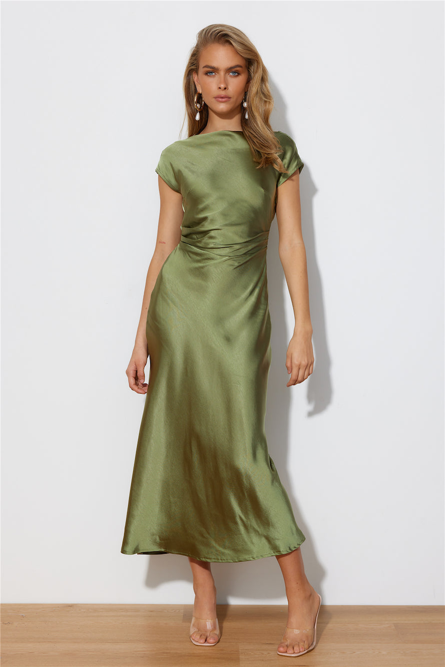 Faithful Nights Satin Midi Dress Olive