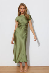 Faithful Nights Satin Midi Dress Olive