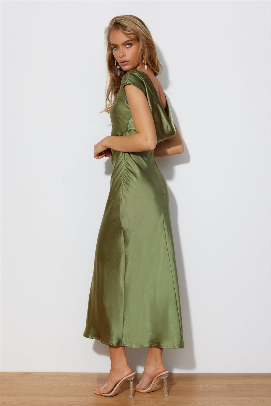 Faithful Nights Satin Midi Dress Olive