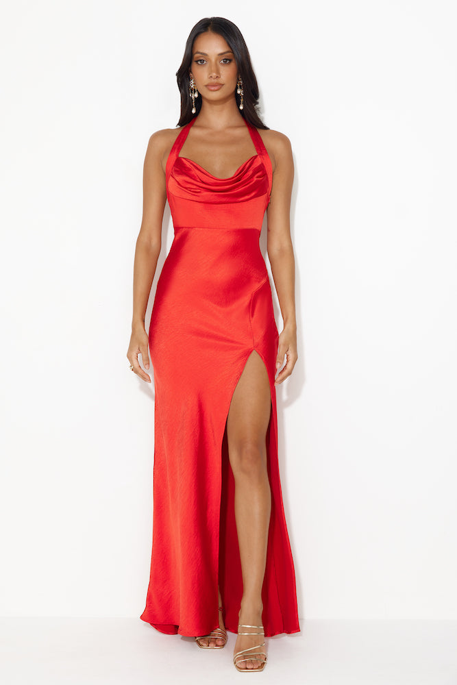 Girl In The Spotlight Halter Neck Satin Maxi Dress Red