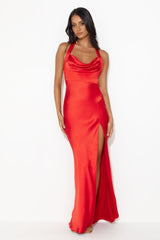 Girl In The Spotlight Halter Neck Satin Maxi Dress Red