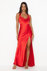 Girl In The Spotlight Halter Neck Satin Maxi Dress Red