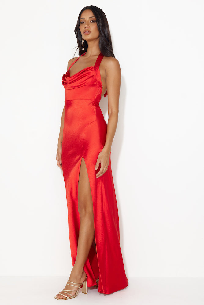 Girl In The Spotlight Halter Neck Satin Maxi Dress Red