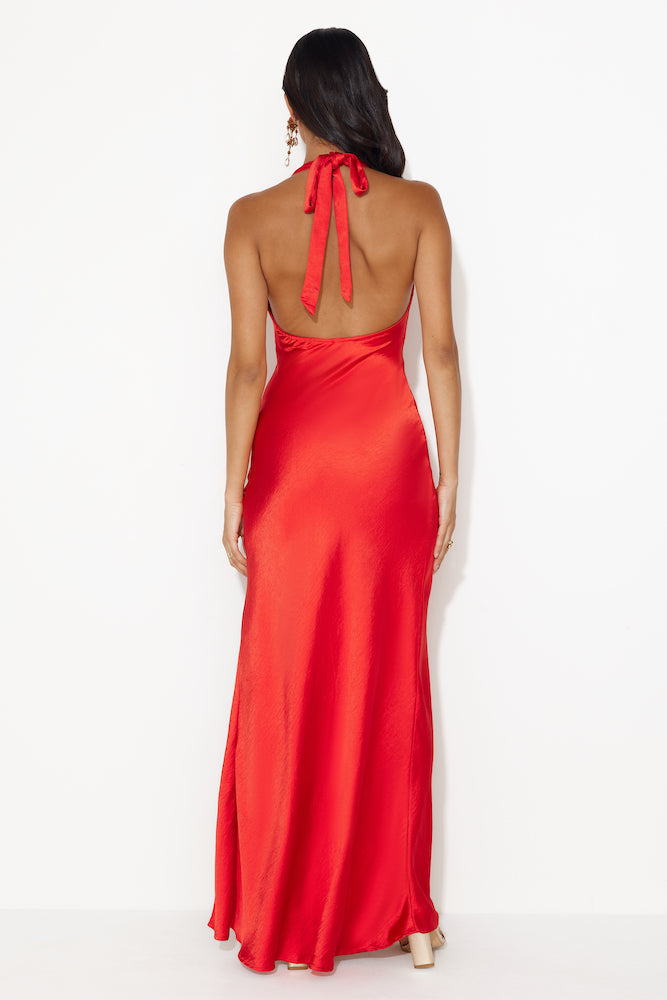 Girl In The Spotlight Halter Neck Satin Maxi Dress Red