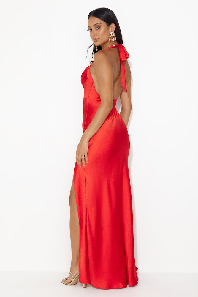 Girl In The Spotlight Halter Neck Satin Maxi Dress Red