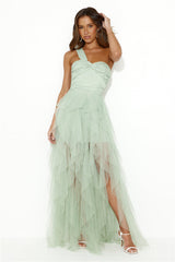 Extravagance Is Me One Shoulder Tulle Maxi Dress Sage