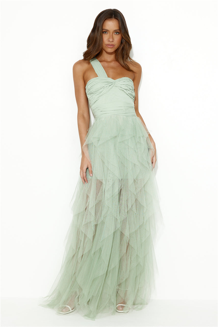 Extravagance Is Me One Shoulder Tulle Maxi Dress Sage