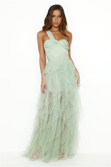 Extravagance Is Me One Shoulder Tulle Maxi Dress Sage