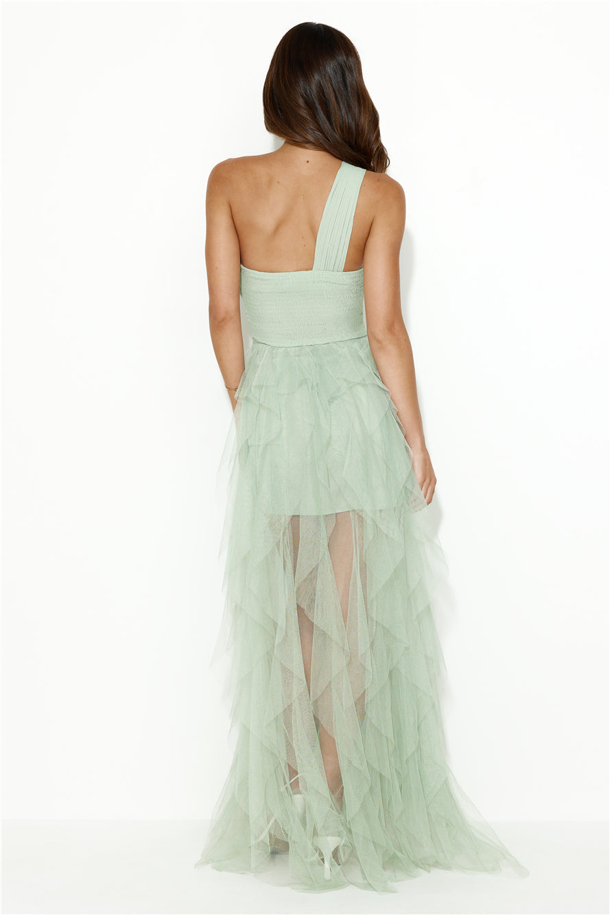 Extravagance Is Me One Shoulder Tulle Maxi Dress Sage