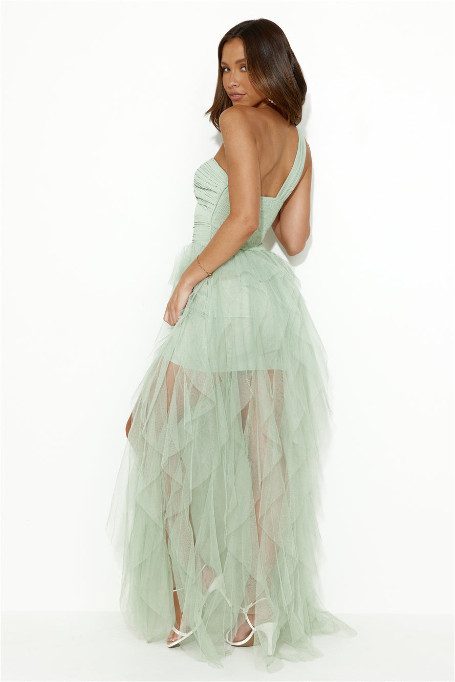 Extravagance Is Me One Shoulder Tulle Maxi Dress Sage