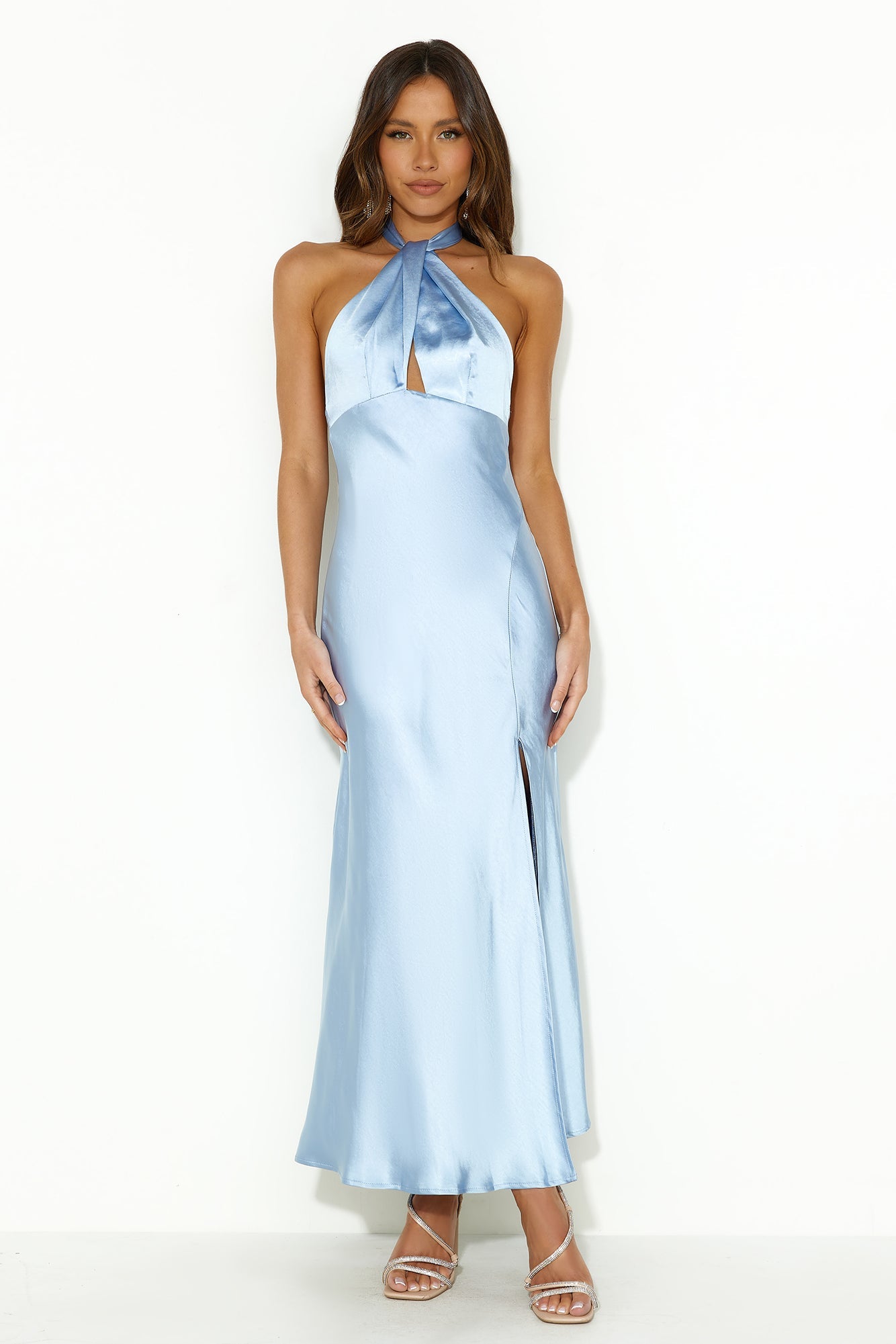 High Shine Nights Halter Satin Maxi Dress Blue