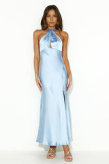 High Shine Nights Halter Satin Maxi Dress Blue