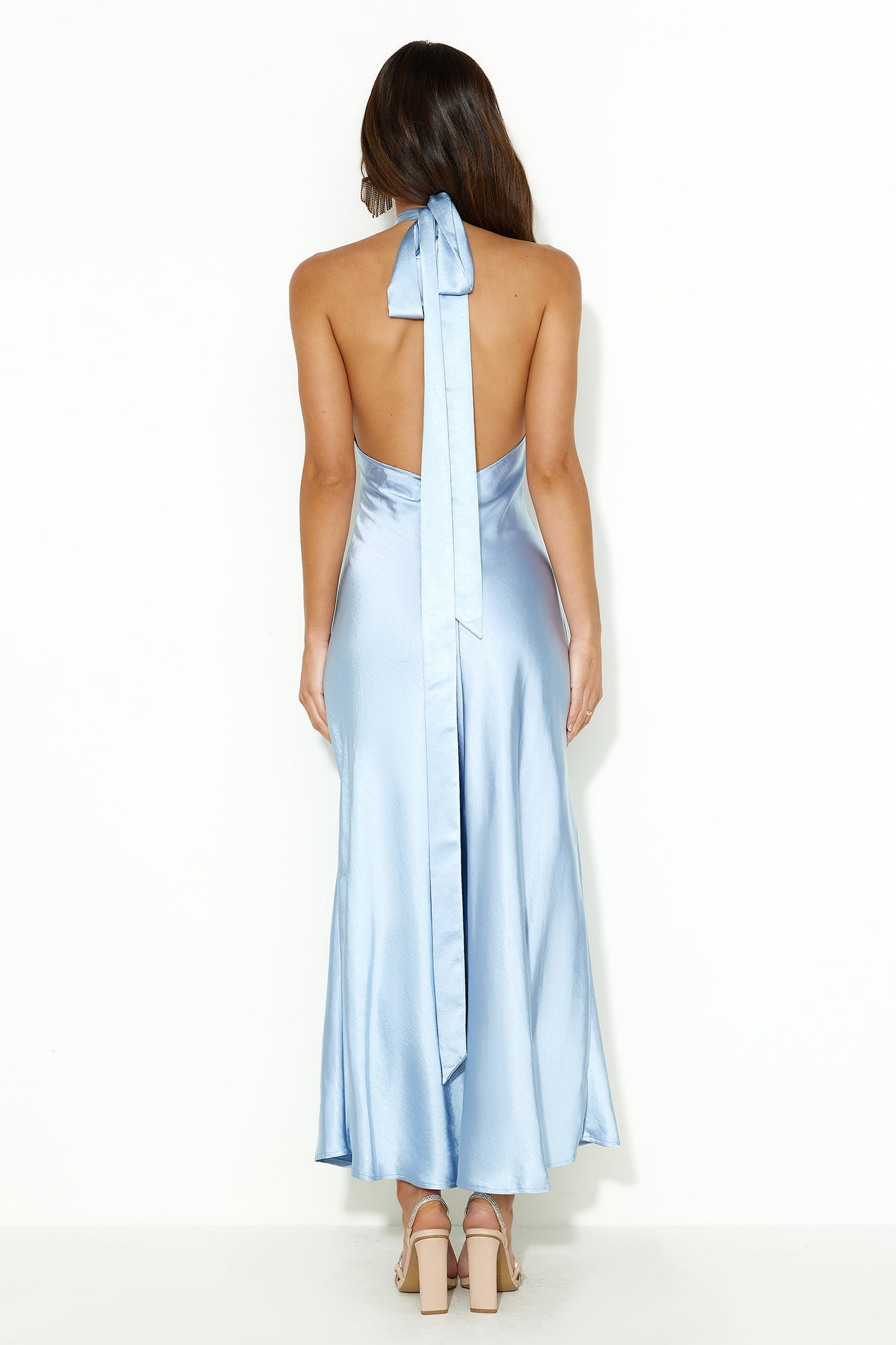 High Shine Nights Halter Satin Maxi Dress Blue