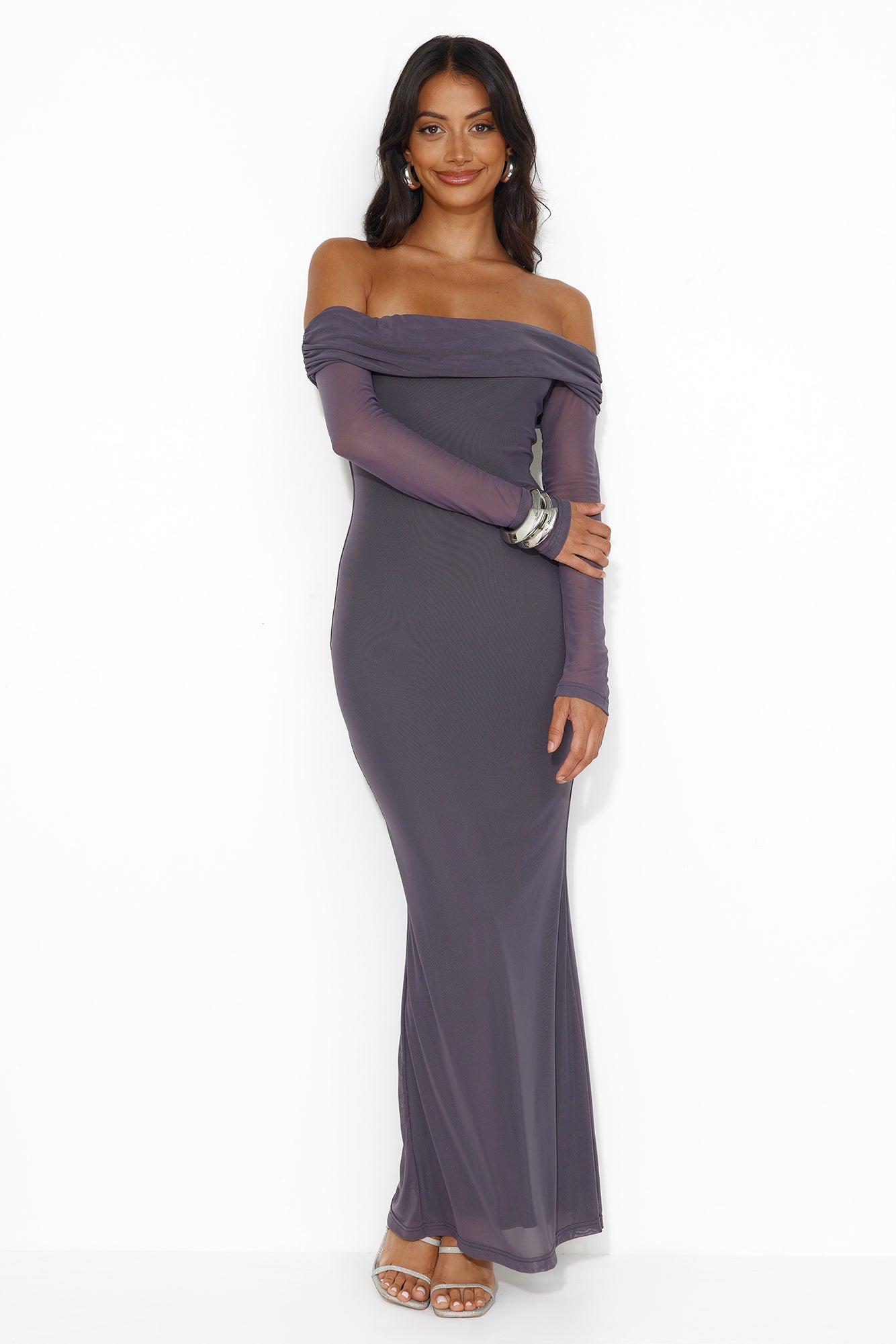 Definite Yes Off Shoulder Mesh Maxi Dress Charcoal