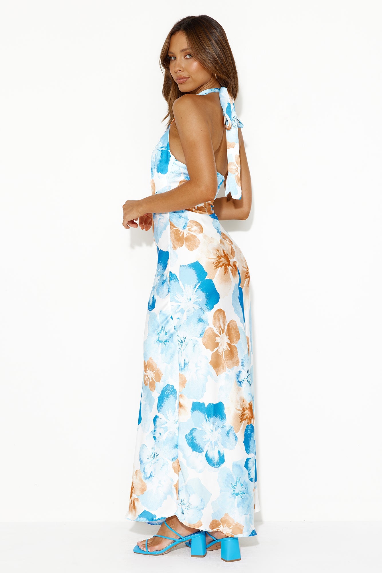 Distant Now Satin Halter Maxi Dress Blue