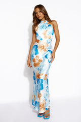 Distant Now Satin Halter Maxi Dress Blue