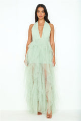 Into The Middle Tulle Halter Maxi Dress Sage