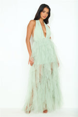 Into The Middle Tulle Halter Maxi Dress Sage