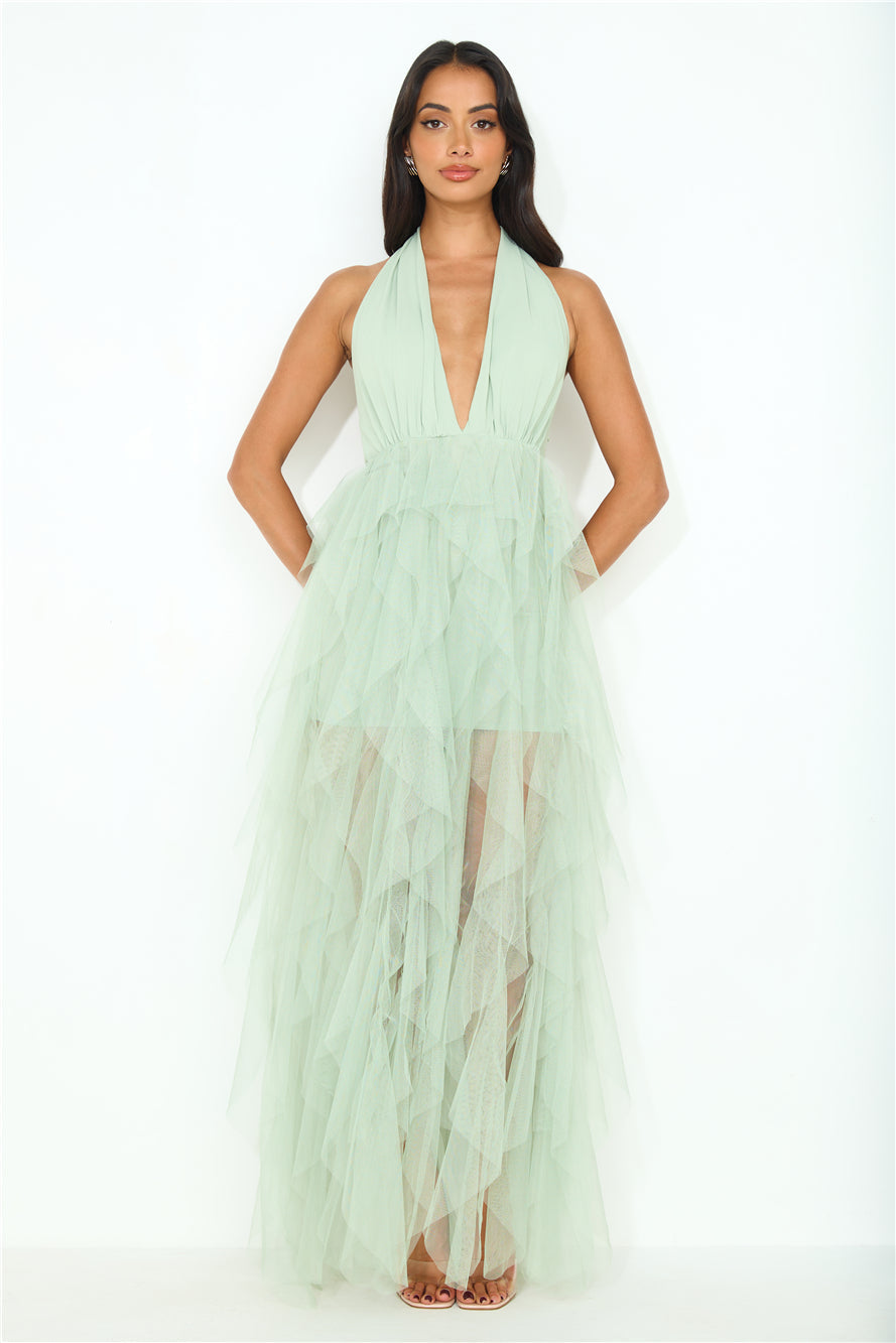 Into The Middle Tulle Halter Maxi Dress Sage