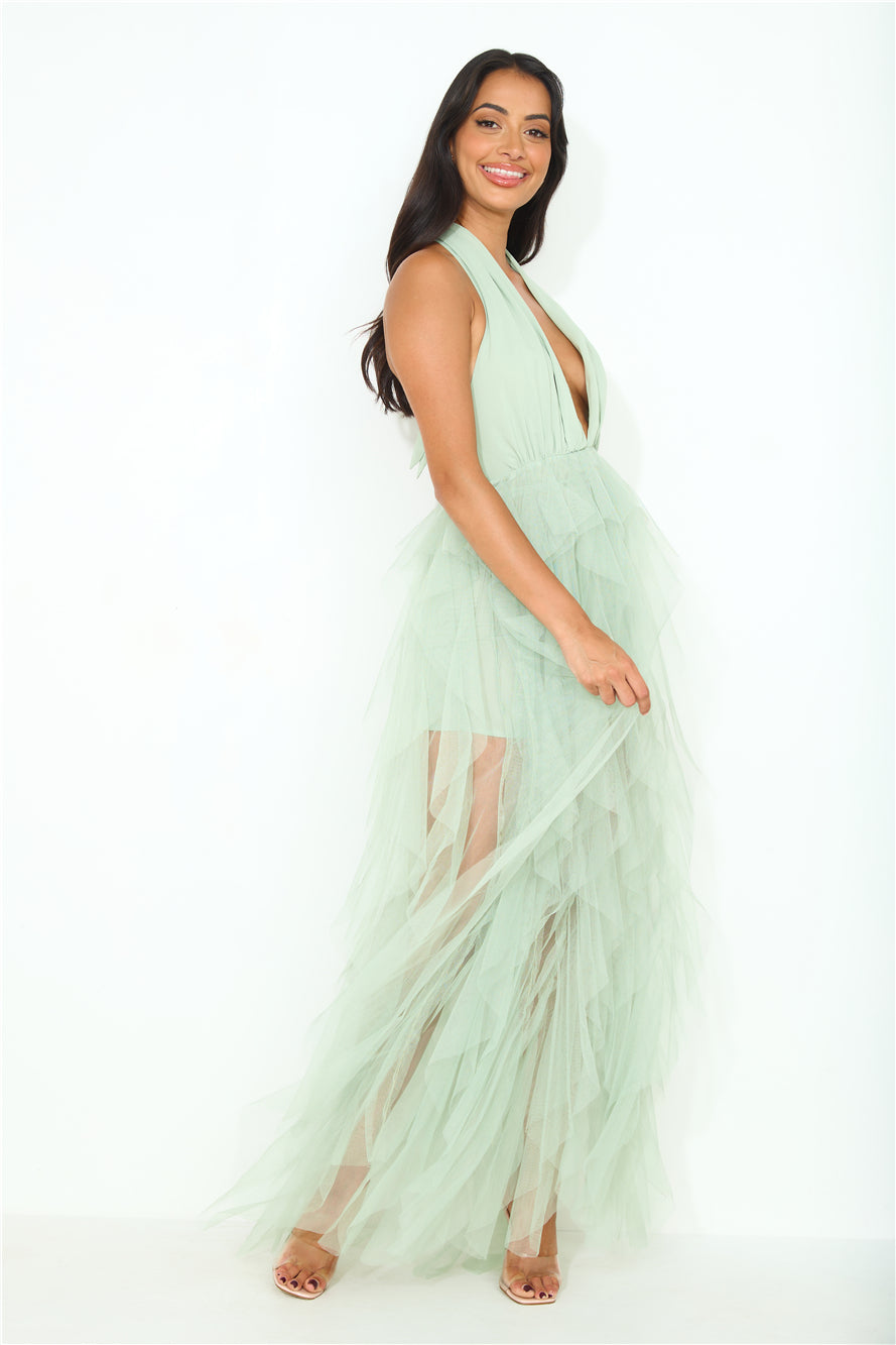 Into The Middle Tulle Halter Maxi Dress Sage