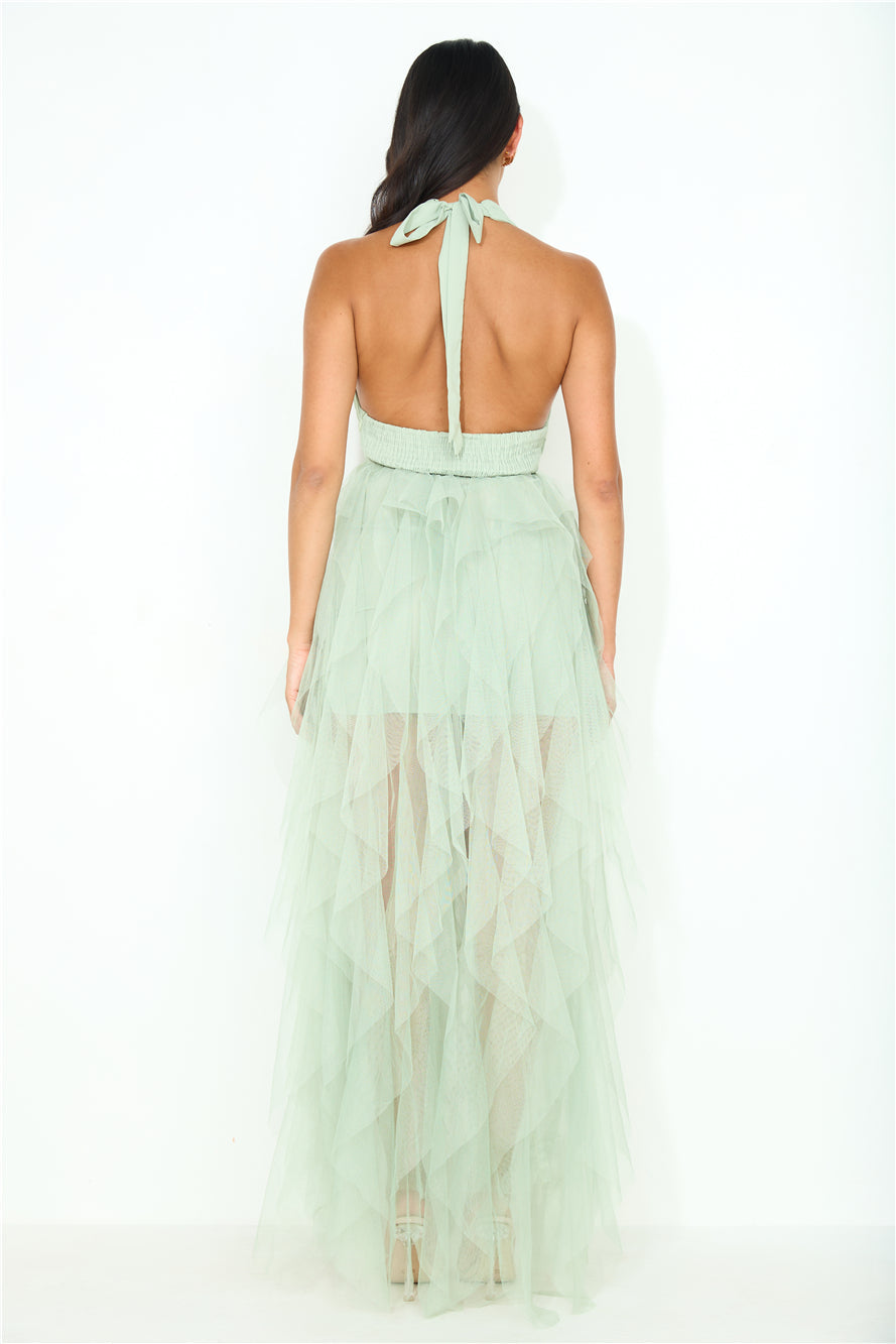 Into The Middle Tulle Halter Maxi Dress Sage