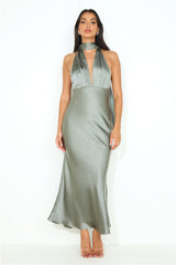 Cold As Ice Satin Maxi Dress Khaki