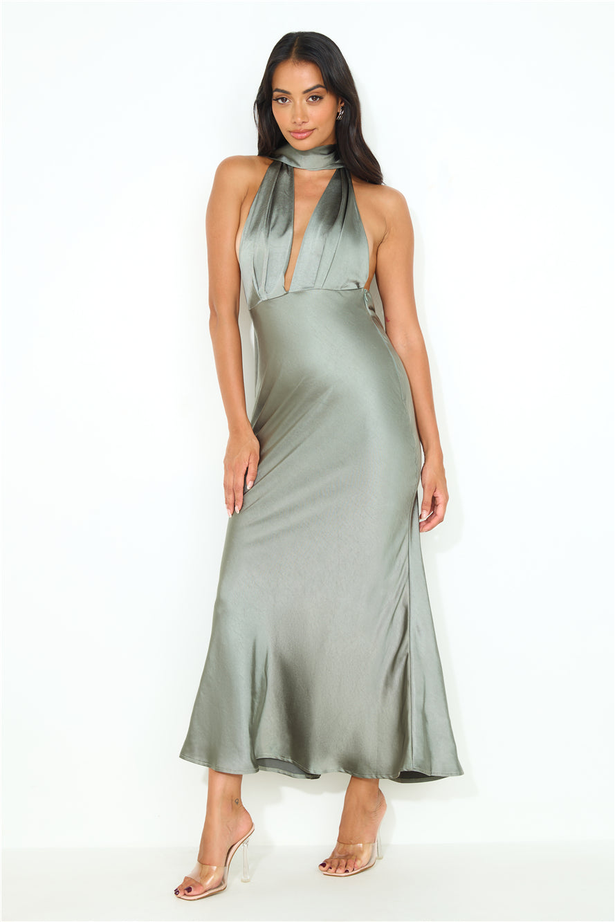 Cold As Ice Satin Maxi Dress Khaki