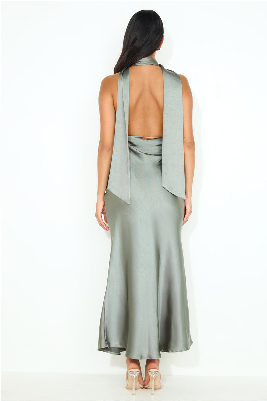 Cold As Ice Satin Maxi Dress Khaki