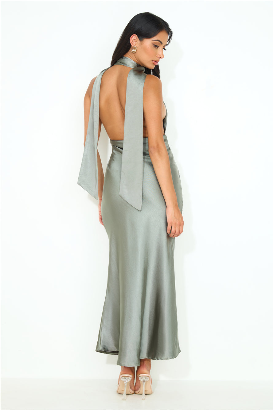 Cold As Ice Satin Maxi Dress Khaki