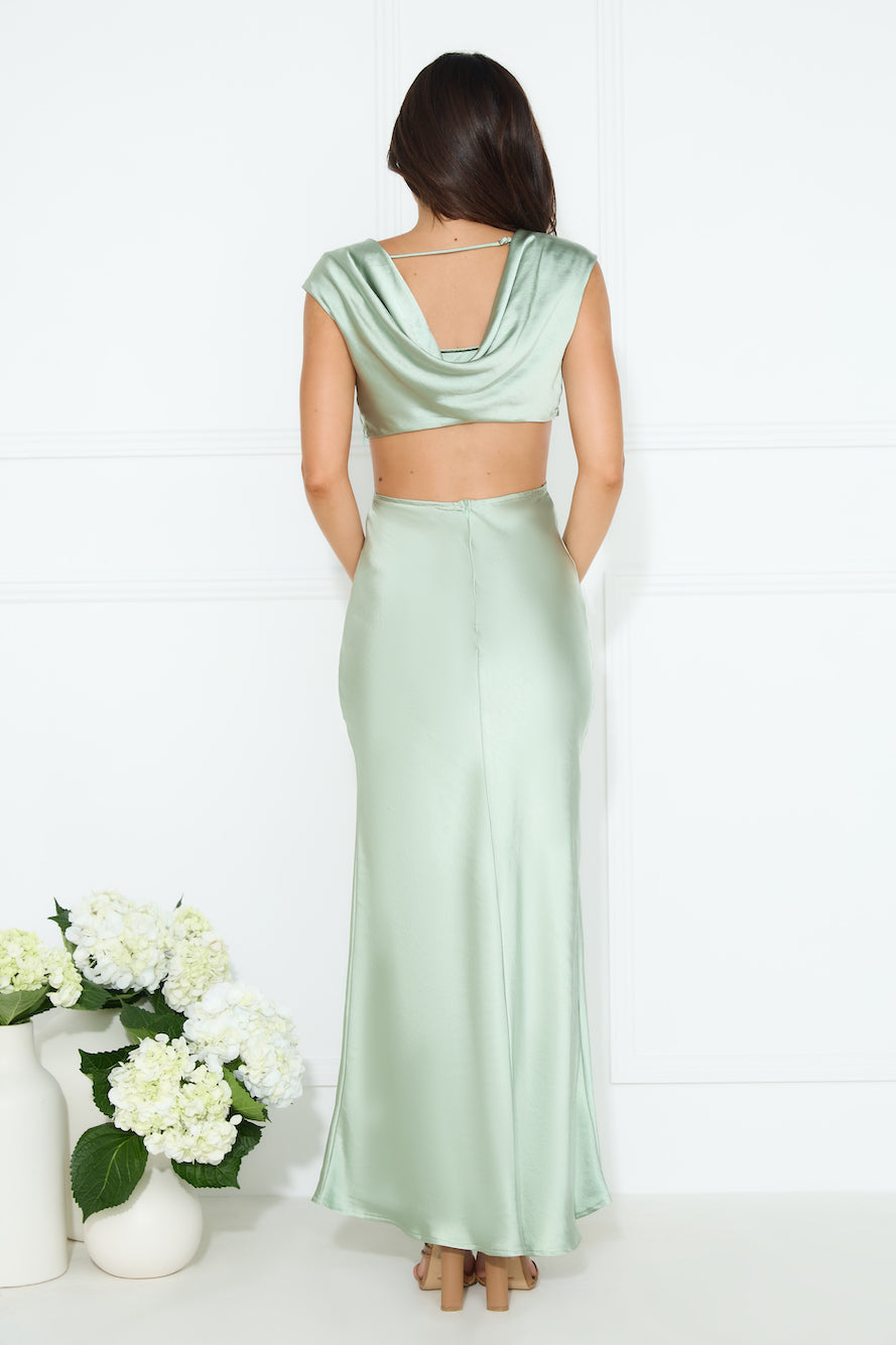 Luxe Destinations Satin Maxi Dress Sage