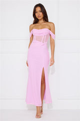 Evening Of Class Off Shoulder Mesh Maxi Dress Lilac