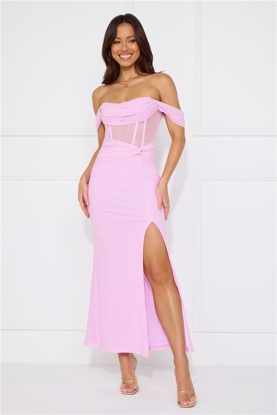 Evening Of Class Off Shoulder Mesh Maxi Dress Lilac