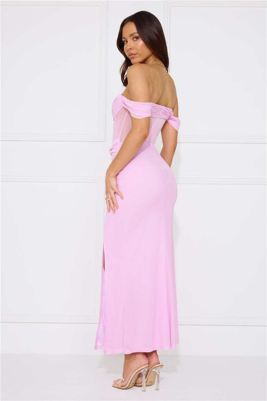 Evening Of Class Off Shoulder Mesh Maxi Dress Lilac