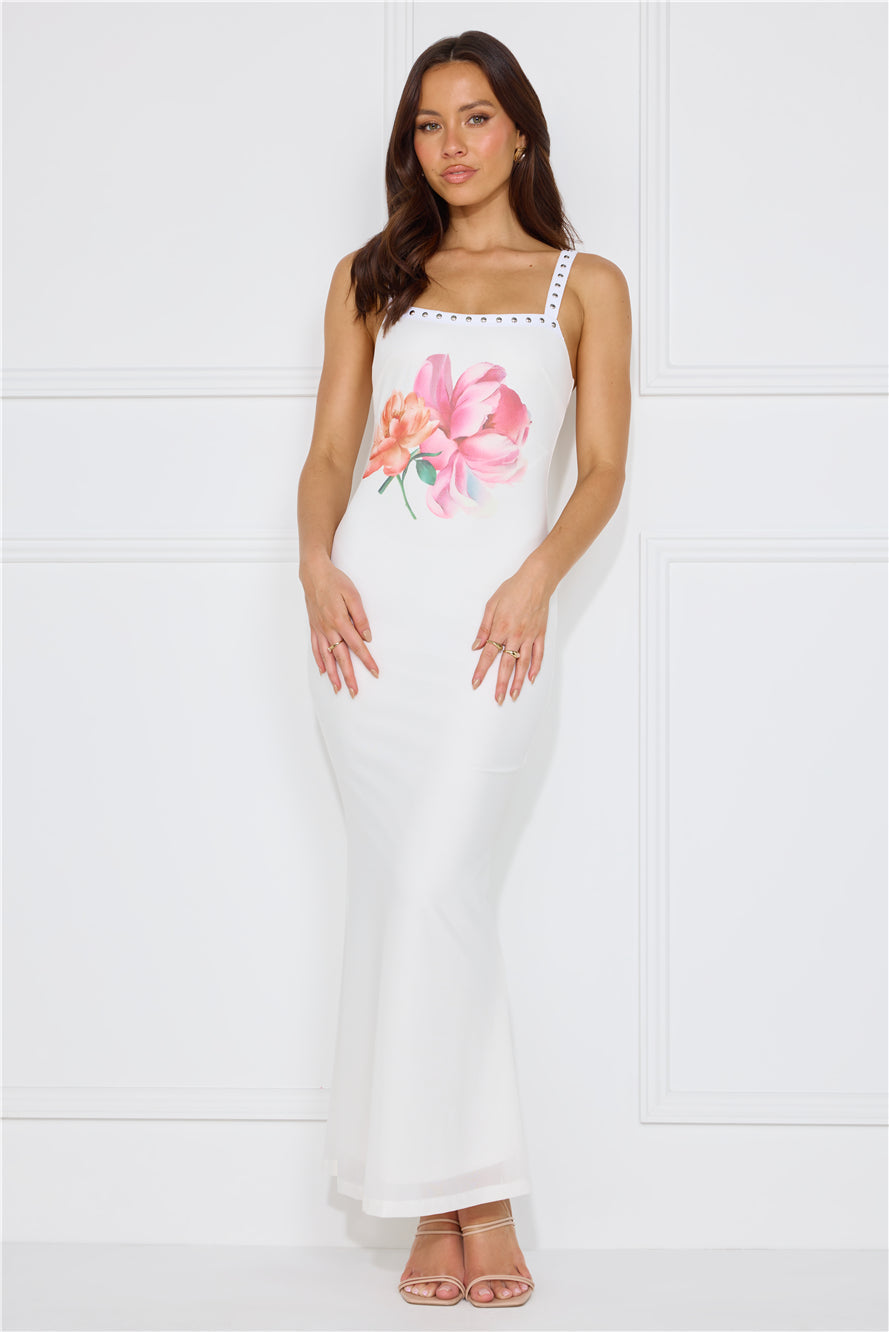 Floral Surprise Mesh Maxi Dress White