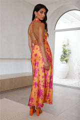 Love Signs Halter Satin Maxi Dress Orange