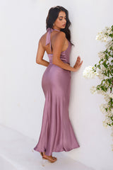 All The Invites Halter Satin Maxi Dress Purple