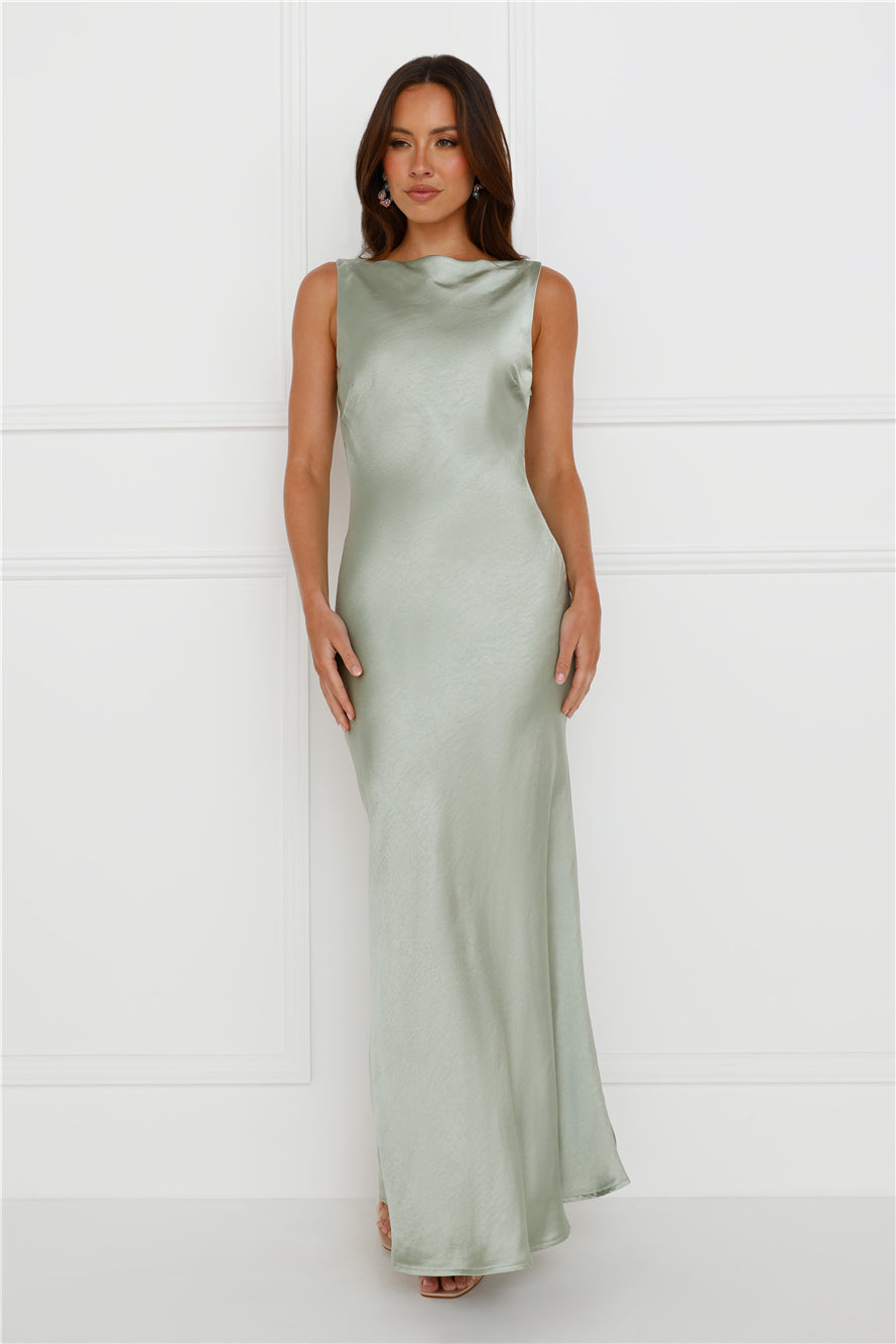 Classy Entrance Satin Slip Maxi Dress Sage