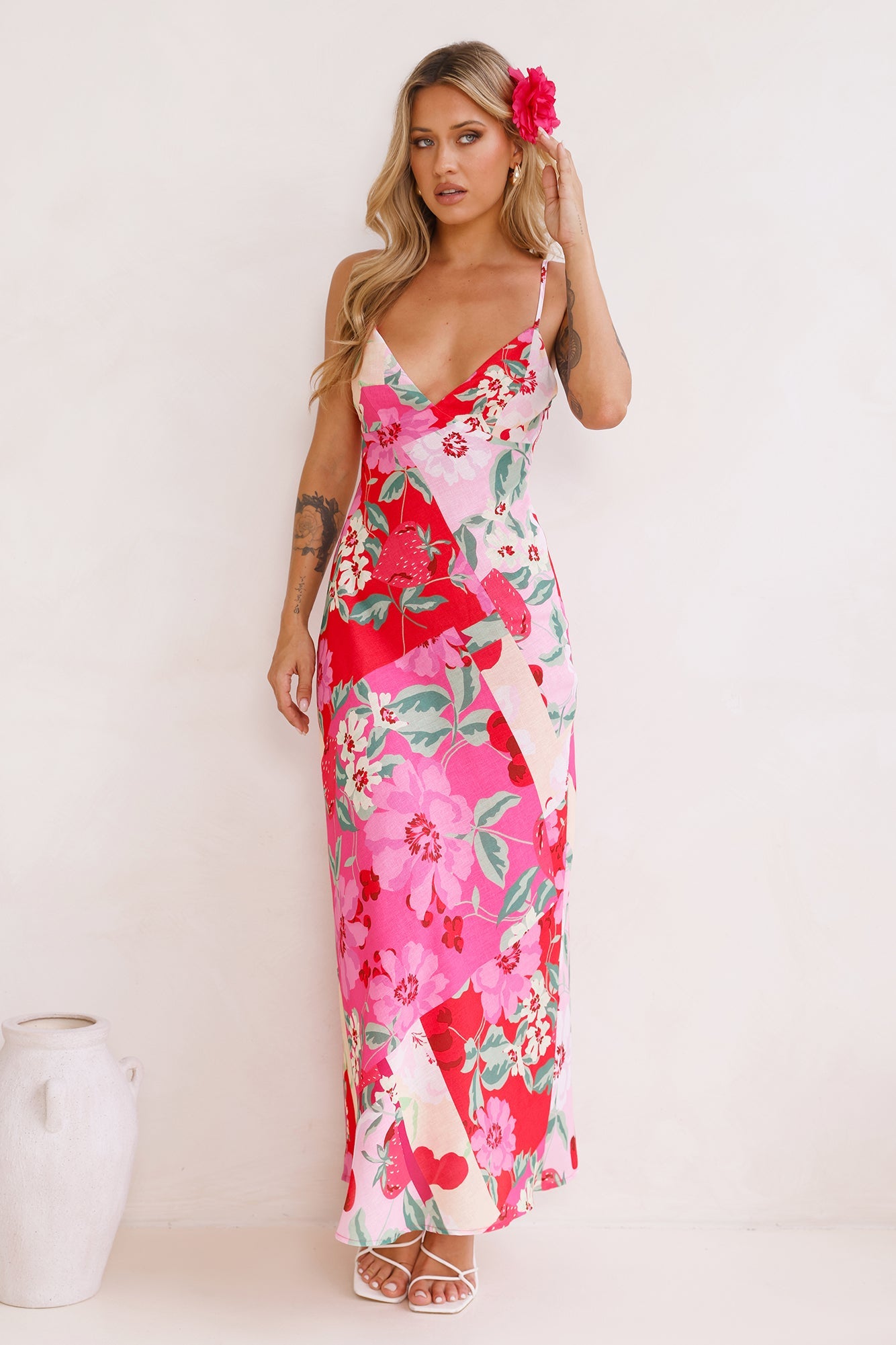 Fruit Picking Linen Blend Maxi Dress Pink